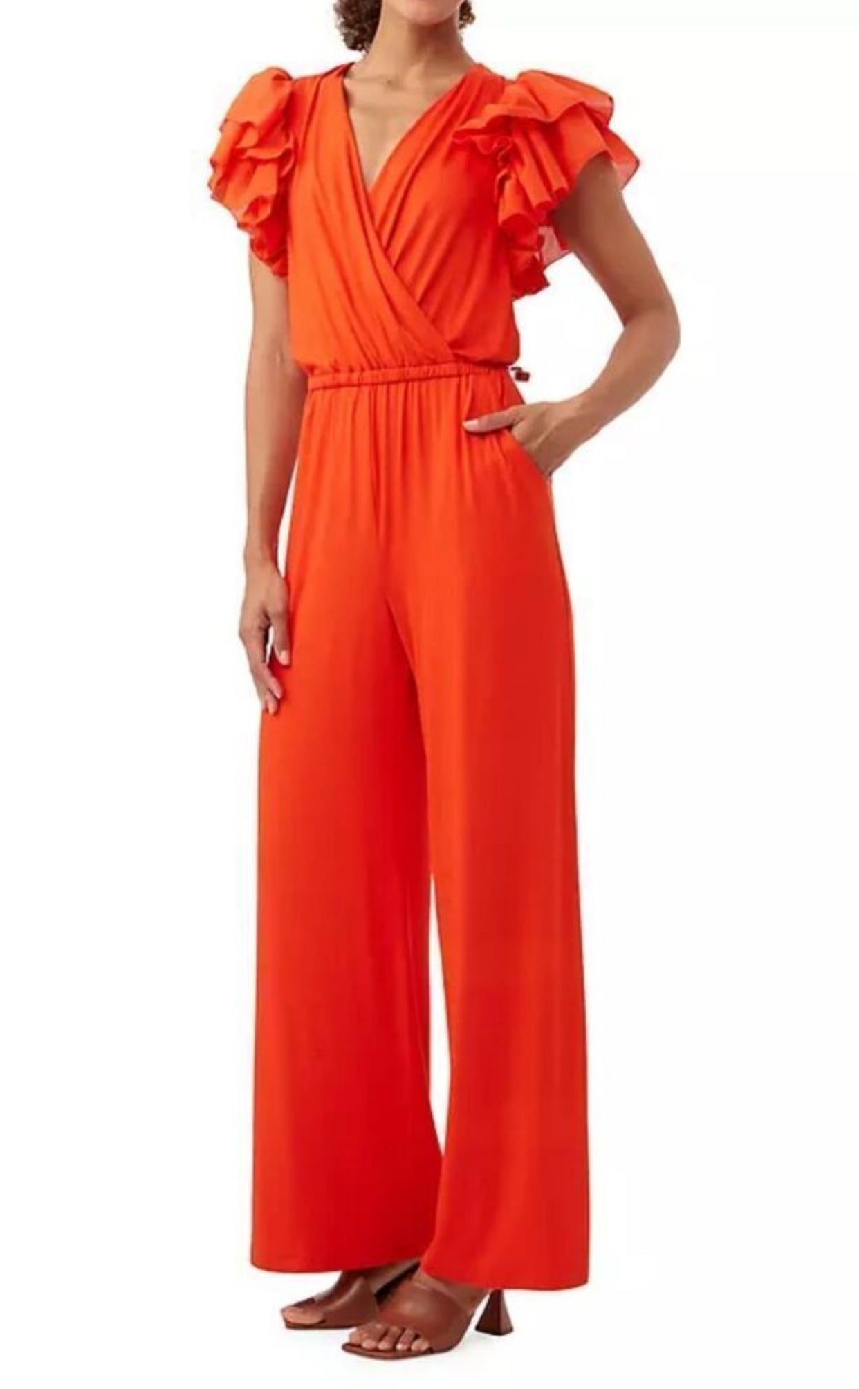 Womens jumpsuit with ruffled cap sleeves. NWT size L